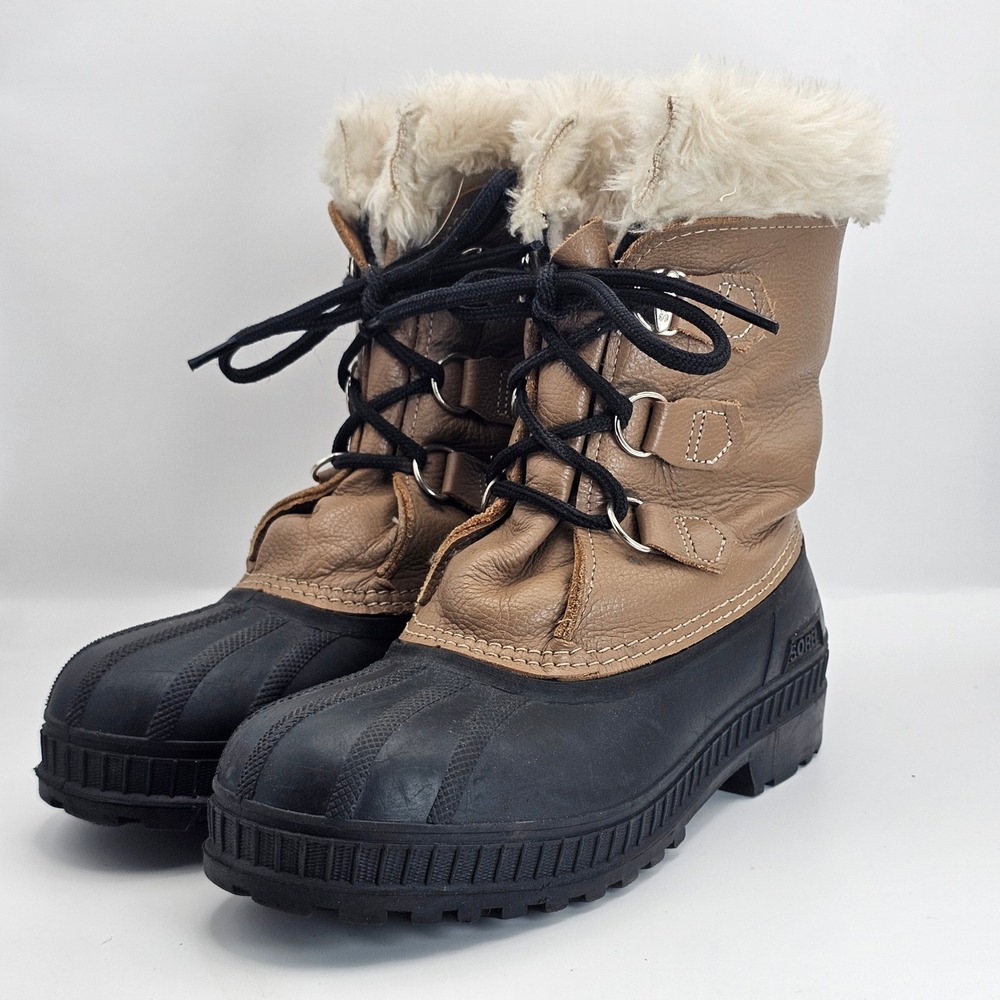 Sorel Vintage Made in Canada Leather Duck Boots Tan Black Faux Fur Size 6